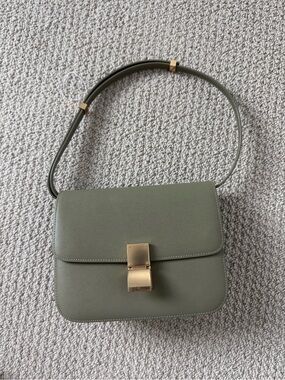 Olive Green Leather Shoulder Bag with Gold Hardware